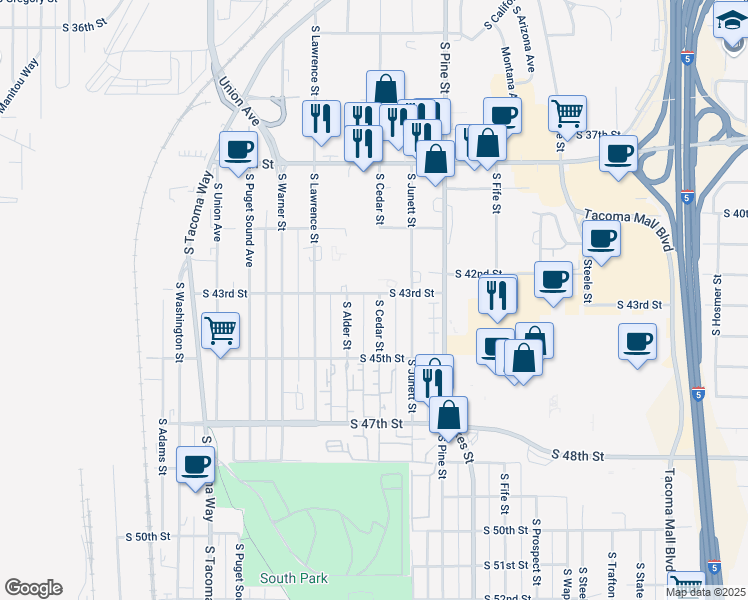 map of restaurants, bars, coffee shops, grocery stores, and more near 4304 South Cedar Street in Tacoma