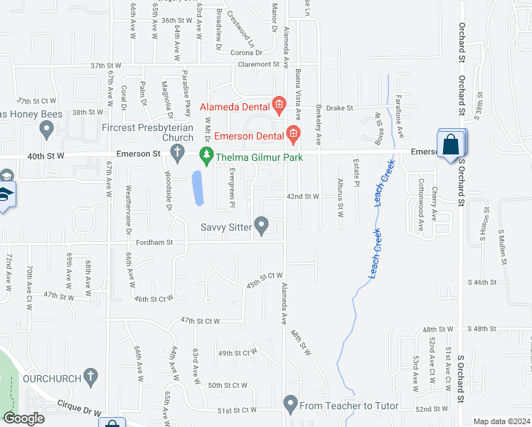 map of restaurants, bars, coffee shops, grocery stores, and more near 1535 Cypress Point Avenue in Fircrest