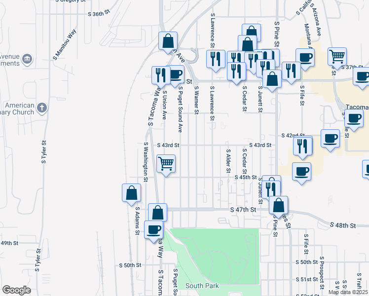 map of restaurants, bars, coffee shops, grocery stores, and more near 3418 South 43rd Street in Tacoma