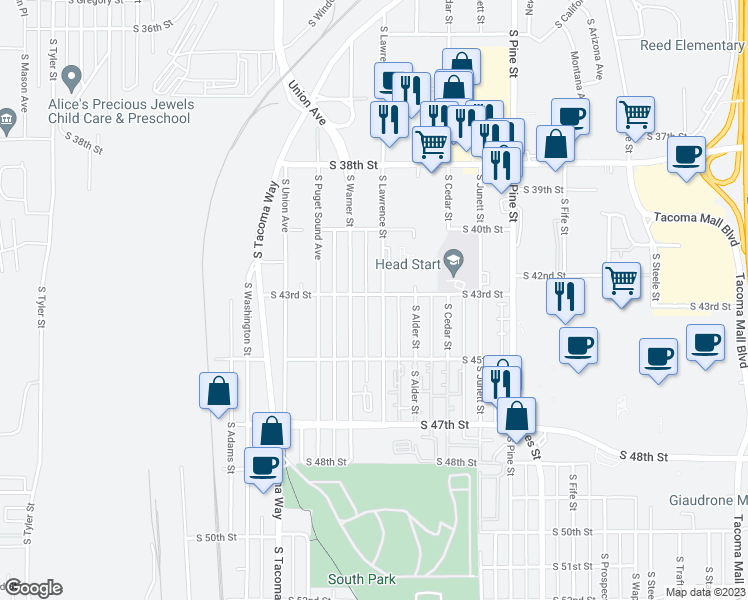 map of restaurants, bars, coffee shops, grocery stores, and more near 3302 South 43rd Street in Tacoma