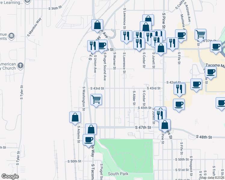 map of restaurants, bars, coffee shops, grocery stores, and more near 3402 South 43rd Street in Tacoma