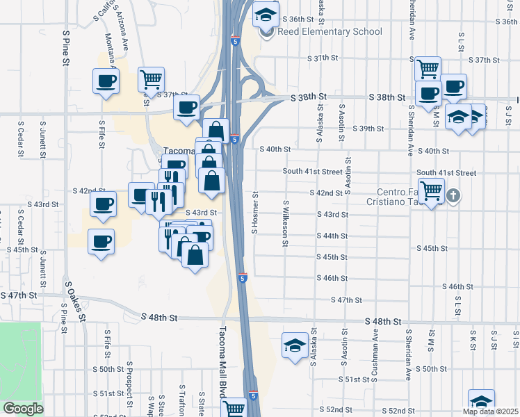 map of restaurants, bars, coffee shops, grocery stores, and more near 1779 South 43rd Street in Tacoma