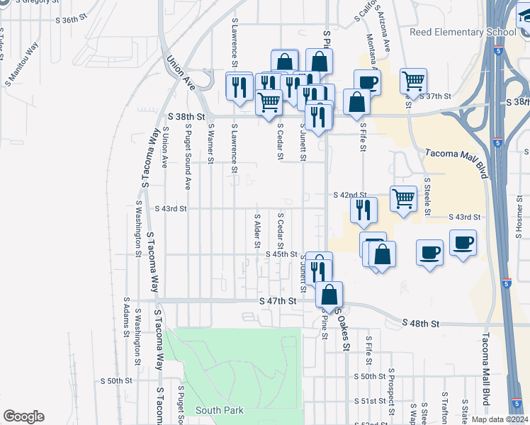 map of restaurants, bars, coffee shops, grocery stores, and more near 3110 South 43rd Street in Tacoma