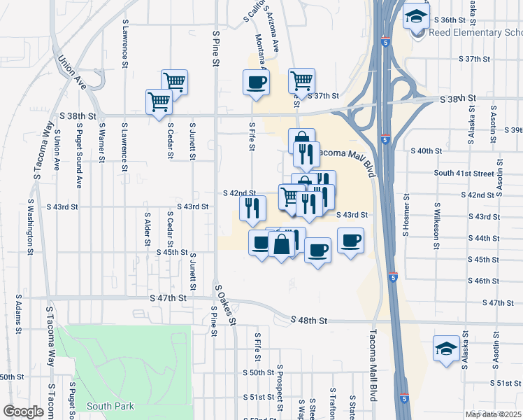 map of restaurants, bars, coffee shops, grocery stores, and more near 2525 South 43rd Street in Tacoma