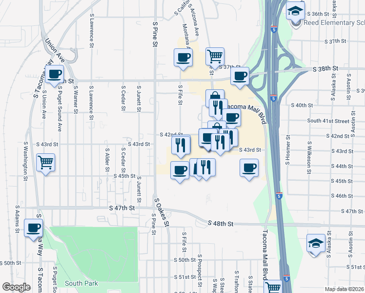 map of restaurants, bars, coffee shops, grocery stores, and more near 2525 South 43rd Street in Tacoma