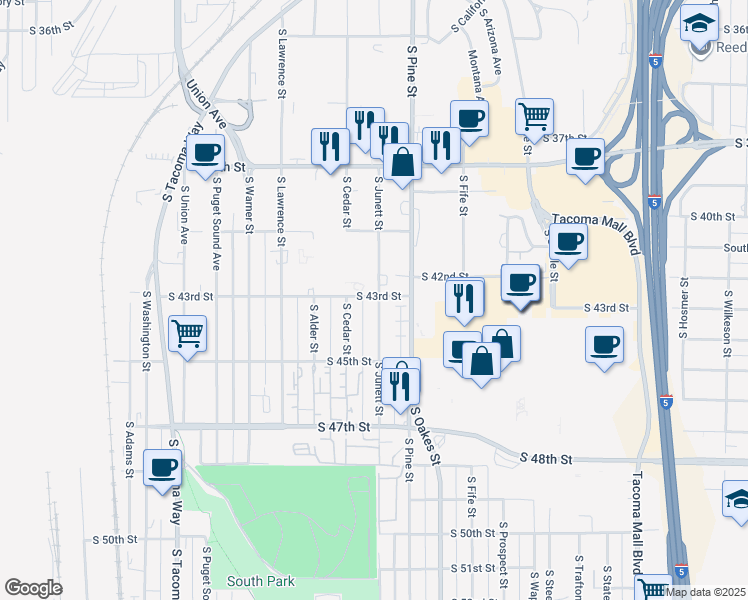 map of restaurants, bars, coffee shops, grocery stores, and more near 4302 South Junett Street in Tacoma