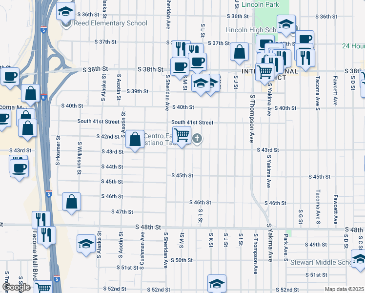 map of restaurants, bars, coffee shops, grocery stores, and more near 4138 South M Street in Tacoma