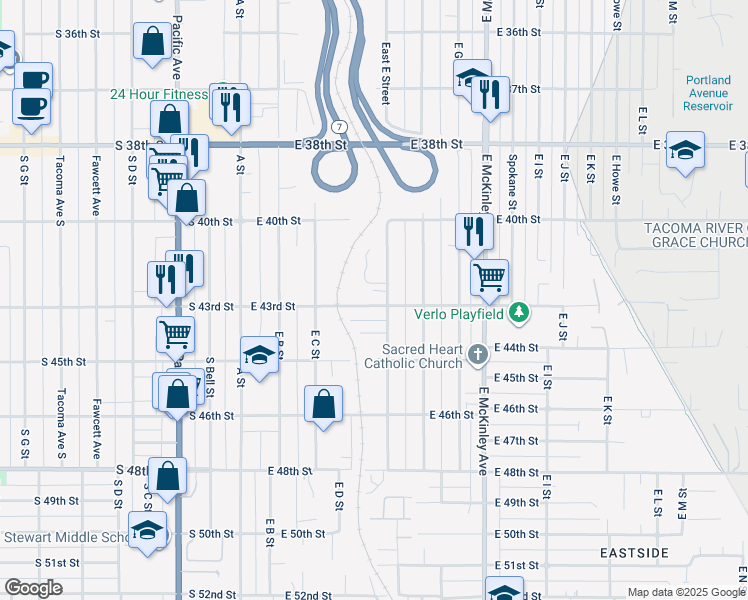 map of restaurants, bars, coffee shops, grocery stores, and more near 423 East 43rd Street in Tacoma