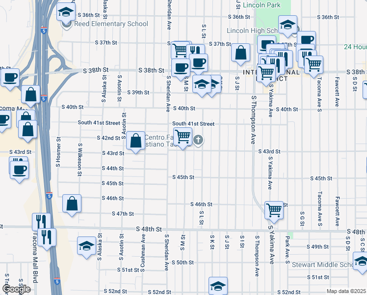 map of restaurants, bars, coffee shops, grocery stores, and more near 4138 South M Street in Tacoma