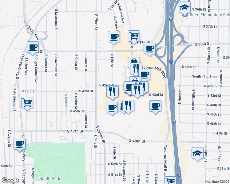 map of restaurants, bars, coffee shops, grocery stores, and more near 2525 South 43rd Street in Tacoma