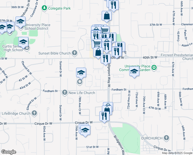 map of restaurants, bars, coffee shops, grocery stores, and more near 7533 44th Street West in University Place