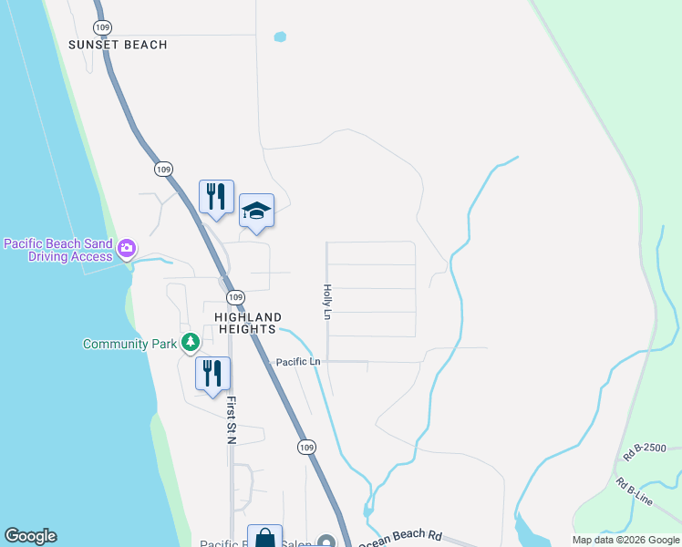 map of restaurants, bars, coffee shops, grocery stores, and more near 38 Holly Lane in Pacific Beach