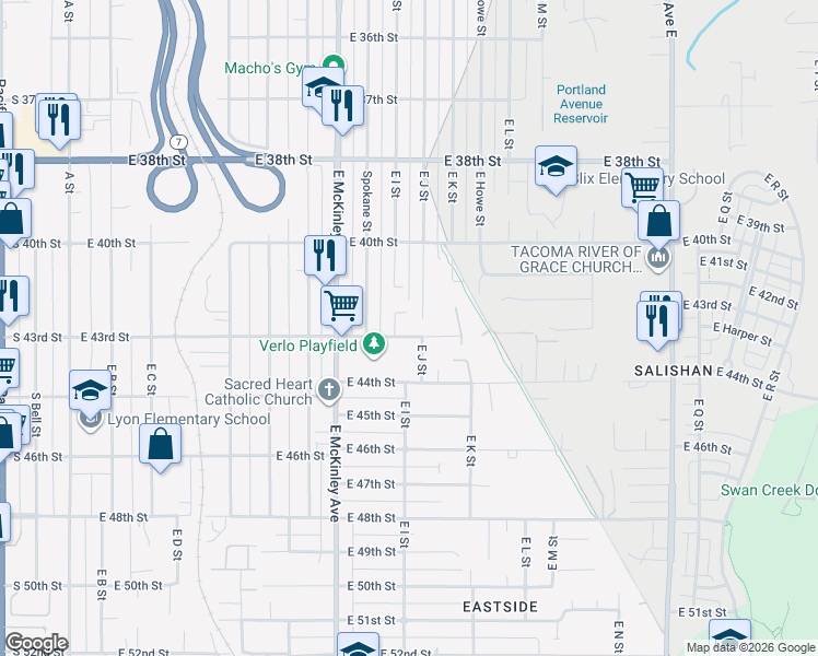 map of restaurants, bars, coffee shops, grocery stores, and more near 909 East 43rd Street in Tacoma