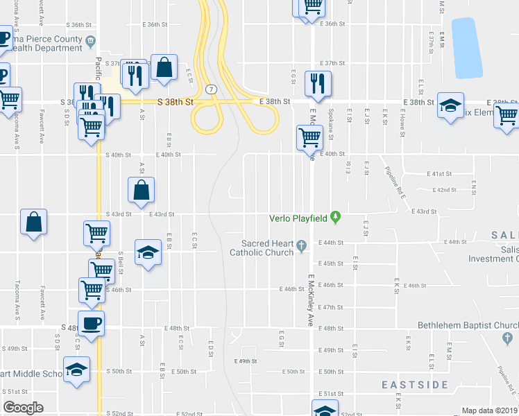 map of restaurants, bars, coffee shops, grocery stores, and more near 515 East 43rd Street in Tacoma