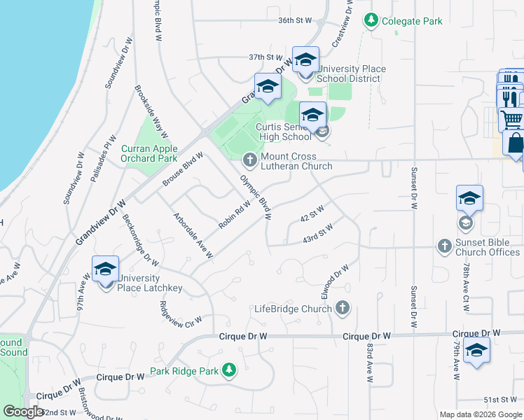 map of restaurants, bars, coffee shops, grocery stores, and more near 4124 Olympic Boulevard West in University Place