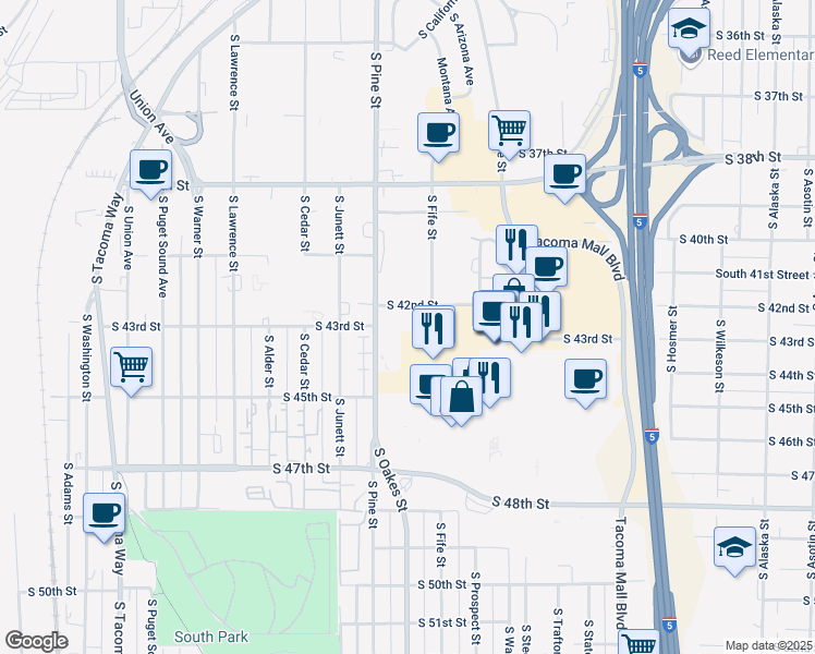 map of restaurants, bars, coffee shops, grocery stores, and more near 2702 South 42nd Street in Tacoma