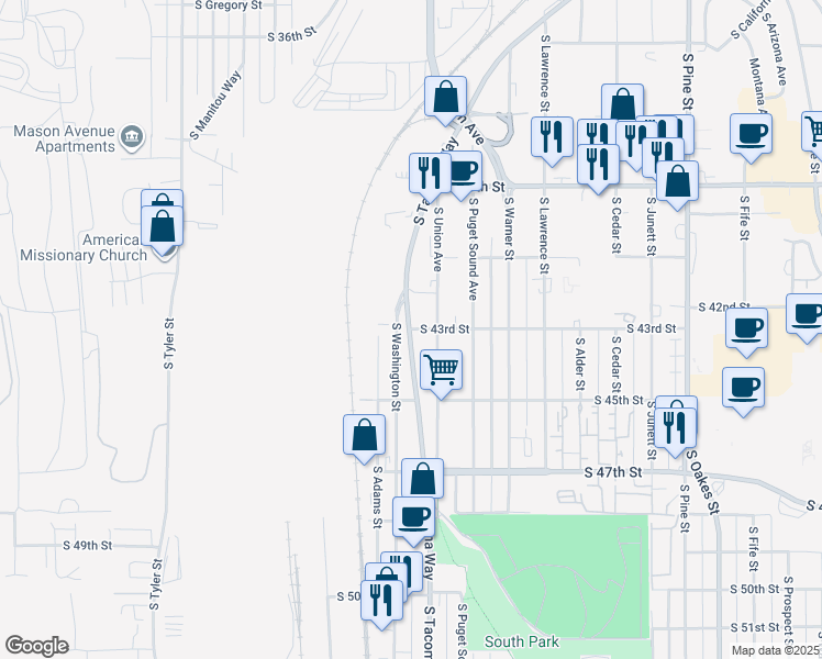 map of restaurants, bars, coffee shops, grocery stores, and more near 4301 South Tacoma Way in Tacoma