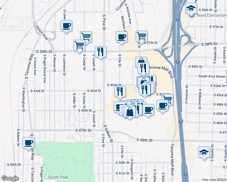 map of restaurants, bars, coffee shops, grocery stores, and more near 2702 South 42nd Street in Tacoma