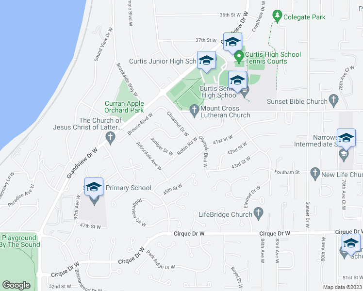 map of restaurants, bars, coffee shops, grocery stores, and more near 4212 Robin Road West in University Place