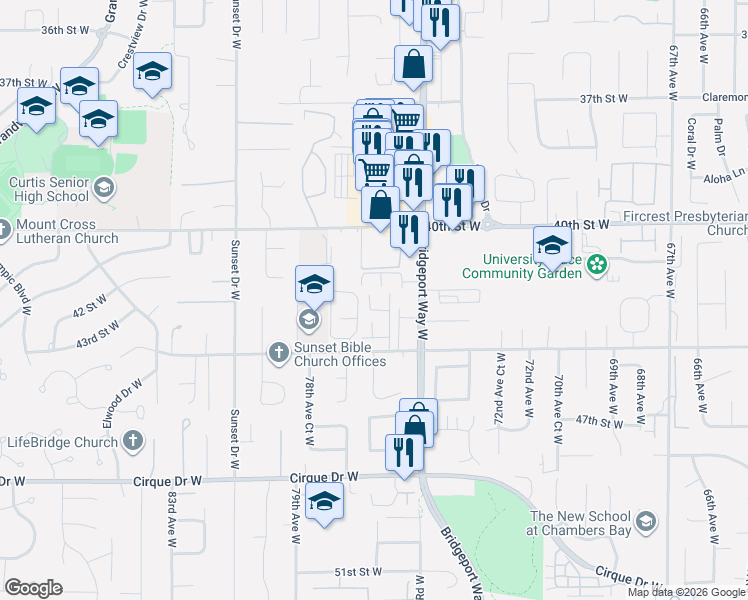 map of restaurants, bars, coffee shops, grocery stores, and more near 7533 44th Street West in University Place