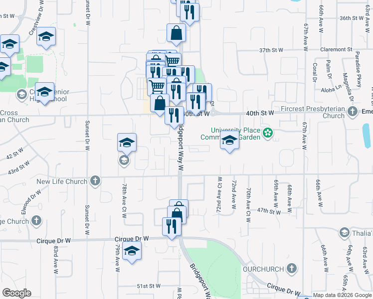 map of restaurants, bars, coffee shops, grocery stores, and more near 4221 Bridgeport Way West in University Place