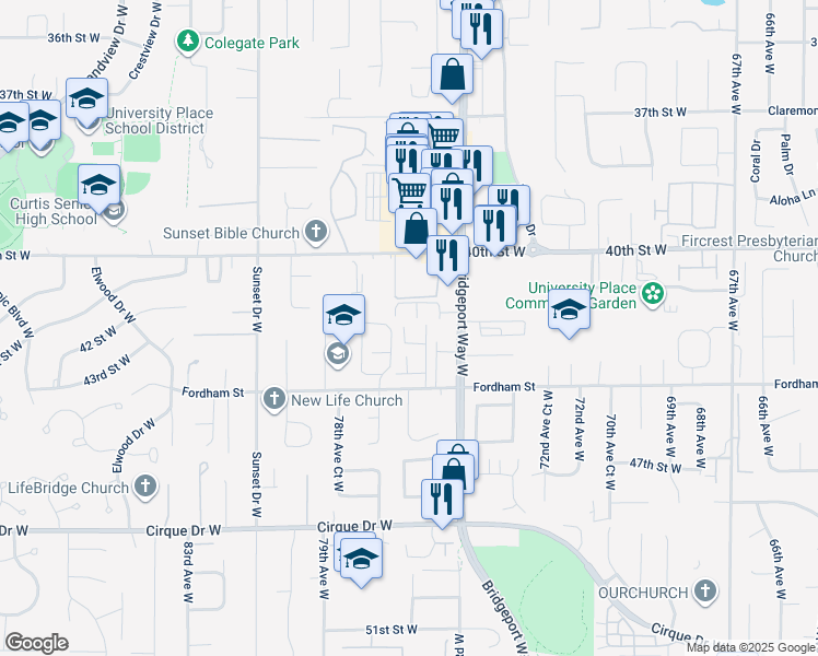 map of restaurants, bars, coffee shops, grocery stores, and more near 7533 44th Street West in University Place