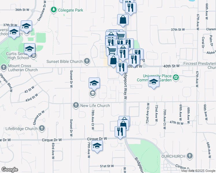 map of restaurants, bars, coffee shops, grocery stores, and more near 7533 44th Street West in University Place