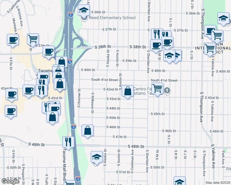 map of restaurants, bars, coffee shops, grocery stores, and more near 1663 South 43rd Street in Tacoma