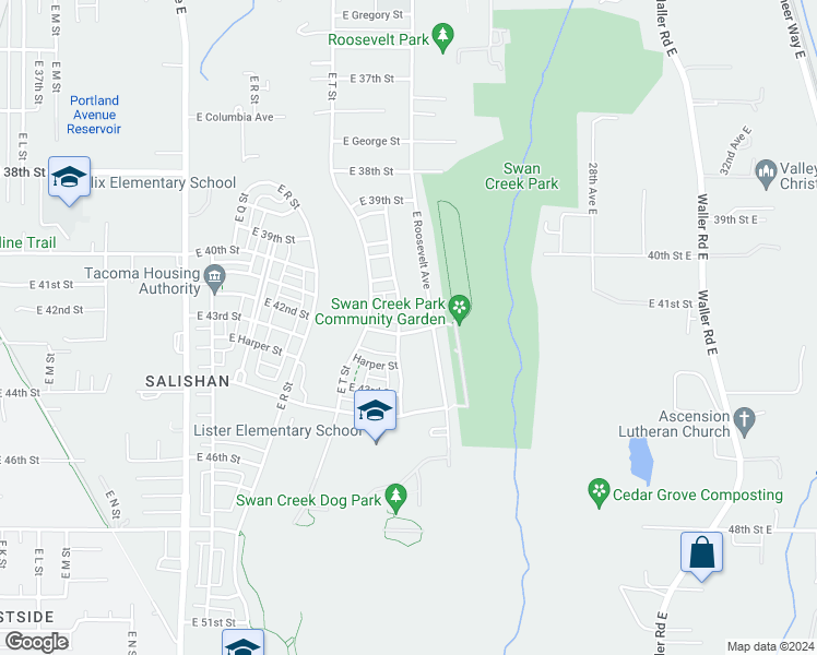 map of restaurants, bars, coffee shops, grocery stores, and more near 2105 East 42nd Street in Tacoma