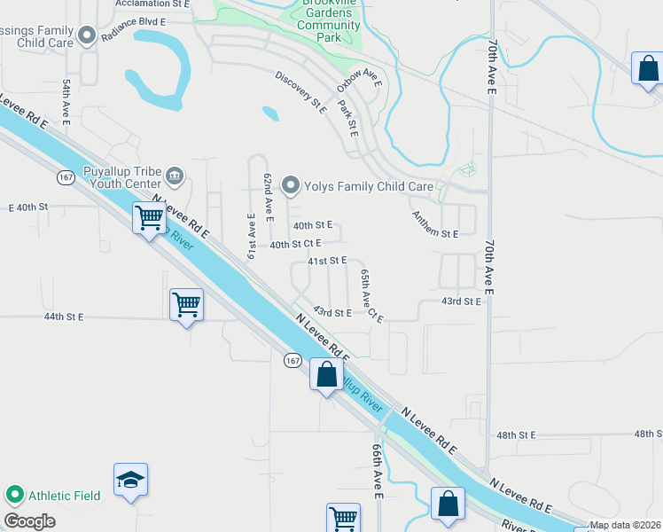 map of restaurants, bars, coffee shops, grocery stores, and more near 4132 64th Avenue East in Fife