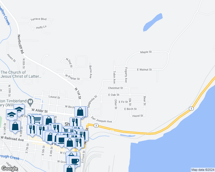 map of restaurants, bars, coffee shops, grocery stores, and more near 320 Chestnut Street in Shelton