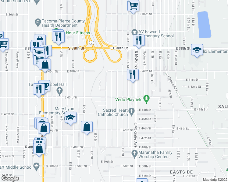 map of restaurants, bars, coffee shops, grocery stores, and more near 515 East 43rd Street in Tacoma