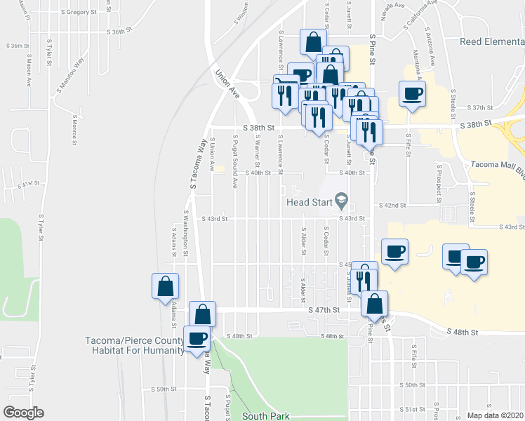 map of restaurants, bars, coffee shops, grocery stores, and more near 3402 South 43rd Street in Tacoma