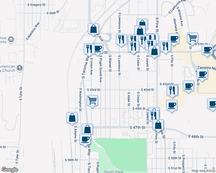 map of restaurants, bars, coffee shops, grocery stores, and more near 3402 South 43rd Street in Tacoma