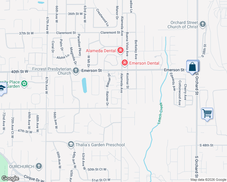 map of restaurants, bars, coffee shops, grocery stores, and more near 1535 Cypress Point Avenue in Fircrest