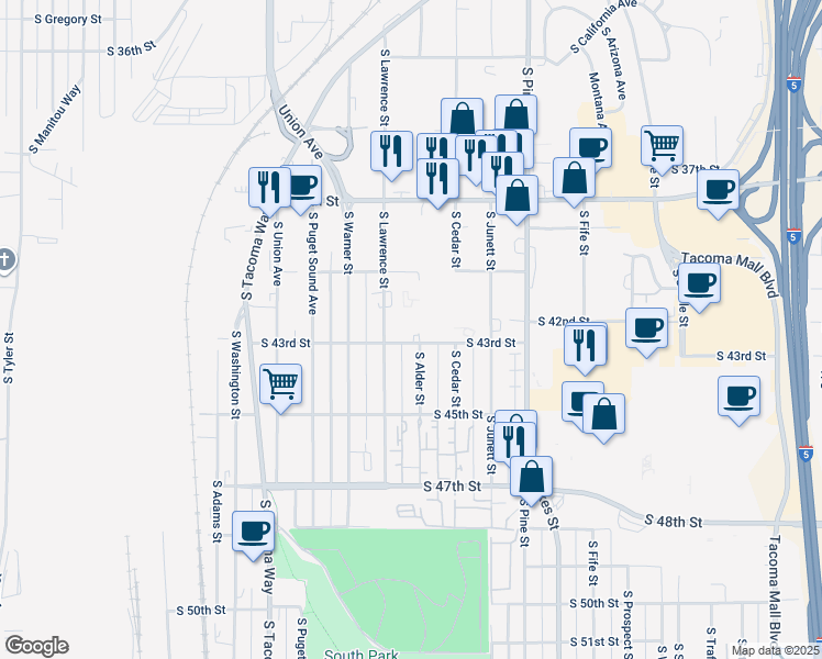 map of restaurants, bars, coffee shops, grocery stores, and more near 3210 South 43rd Street in Tacoma