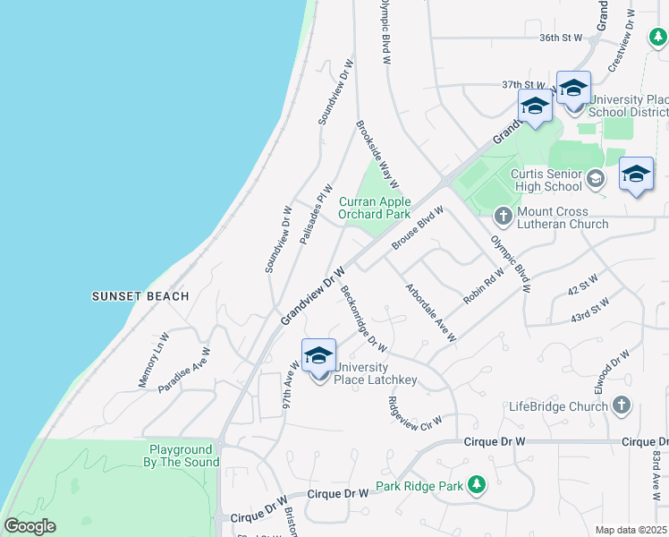 map of restaurants, bars, coffee shops, grocery stores, and more near 4139 Ridge Road West in University Place