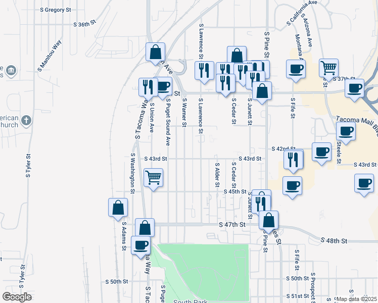 map of restaurants, bars, coffee shops, grocery stores, and more near 3302 South 43rd Street in Tacoma