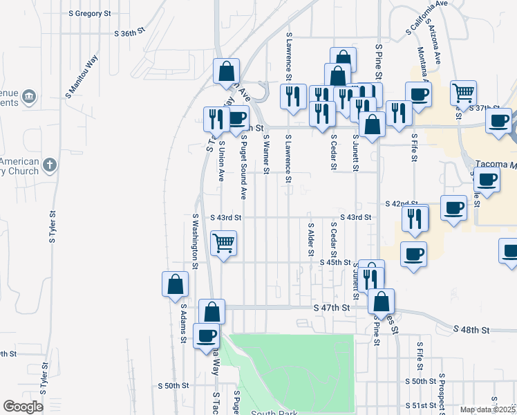 map of restaurants, bars, coffee shops, grocery stores, and more near 3402 South 43rd Street in Tacoma