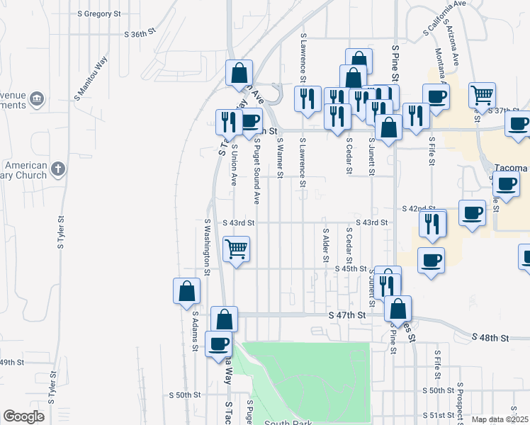 map of restaurants, bars, coffee shops, grocery stores, and more near 3402 South 43rd Street in Tacoma