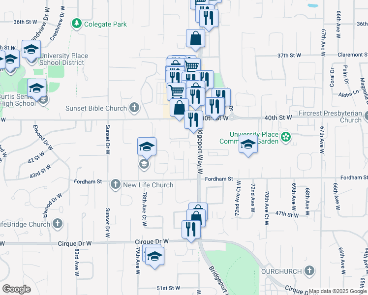 map of restaurants, bars, coffee shops, grocery stores, and more near 7513 44th Street West in University Place