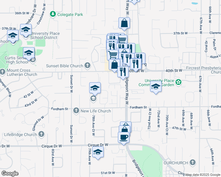 map of restaurants, bars, coffee shops, grocery stores, and more near 7533 44th Street West in University Place