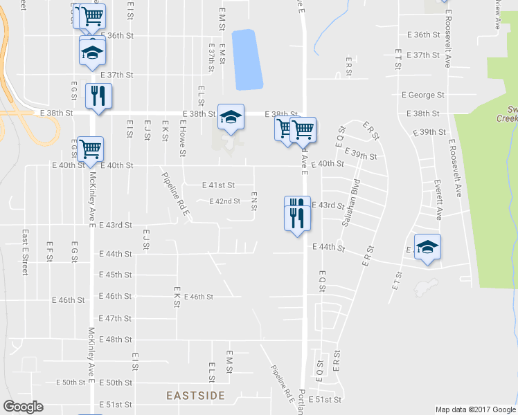 map of restaurants, bars, coffee shops, grocery stores, and more near 4209 East N Street in Tacoma