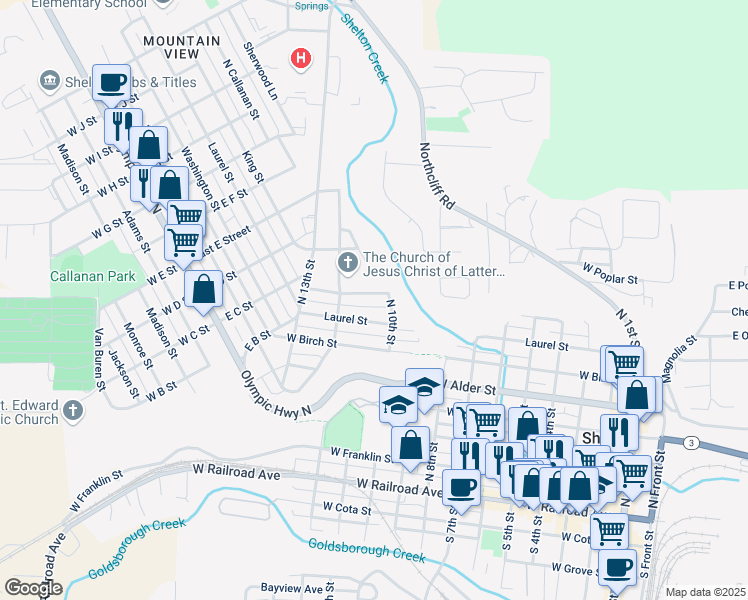 map of restaurants, bars, coffee shops, grocery stores, and more near 1025 Connection Street in Shelton