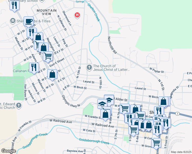 map of restaurants, bars, coffee shops, grocery stores, and more near 1025 Connection Street in Shelton