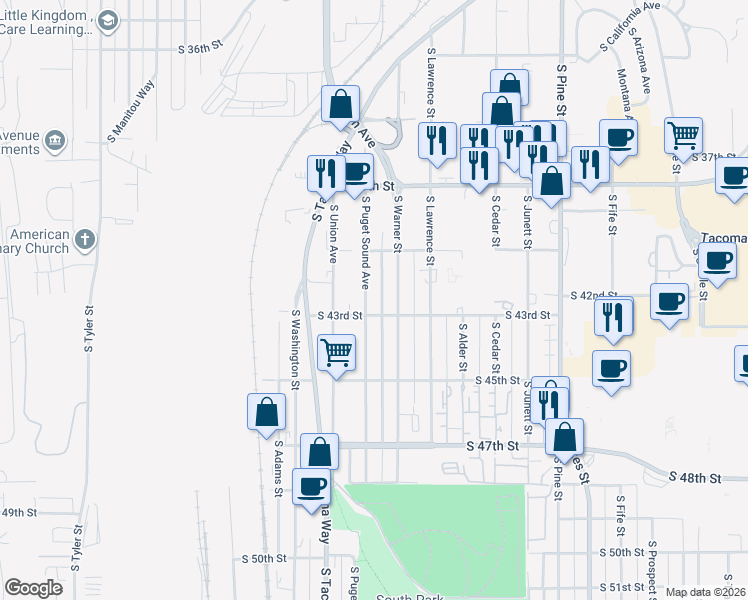map of restaurants, bars, coffee shops, grocery stores, and more near 3402 South 43rd Street in Tacoma