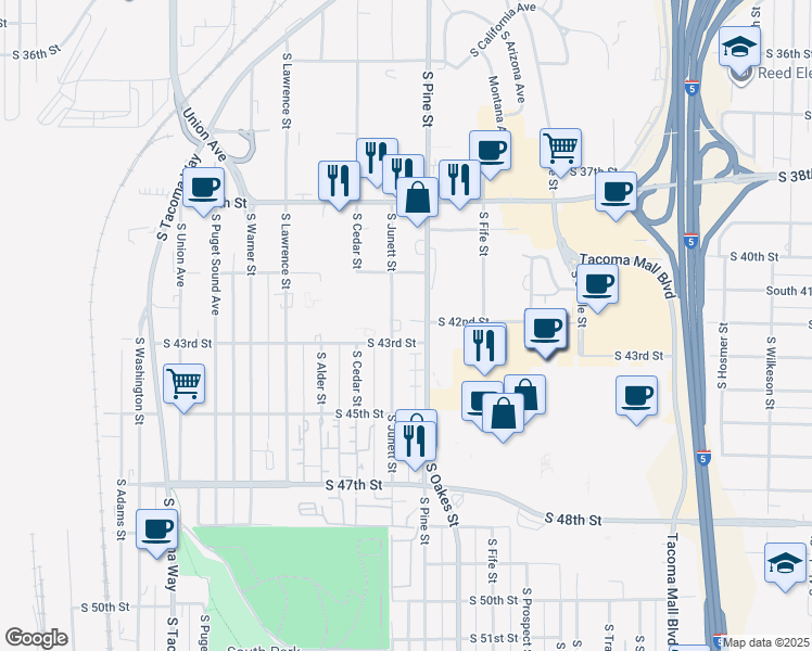 map of restaurants, bars, coffee shops, grocery stores, and more near 4302 South Junett Street in Tacoma