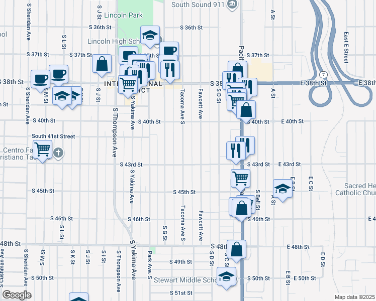 map of restaurants, bars, coffee shops, grocery stores, and more near 4065 Tacoma Avenue South in Tacoma