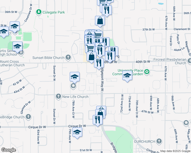 map of restaurants, bars, coffee shops, grocery stores, and more near 7508 41st Street Court West in University Place