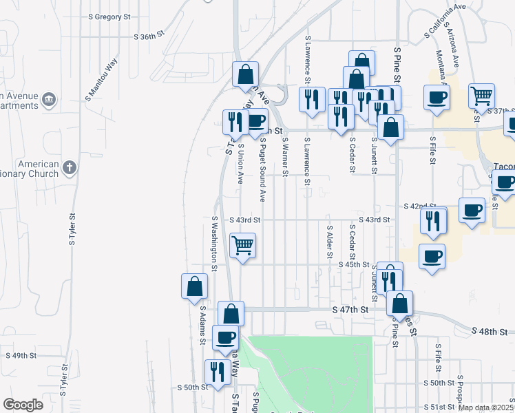 map of restaurants, bars, coffee shops, grocery stores, and more near 4302 South Puget Sound Avenue in Tacoma